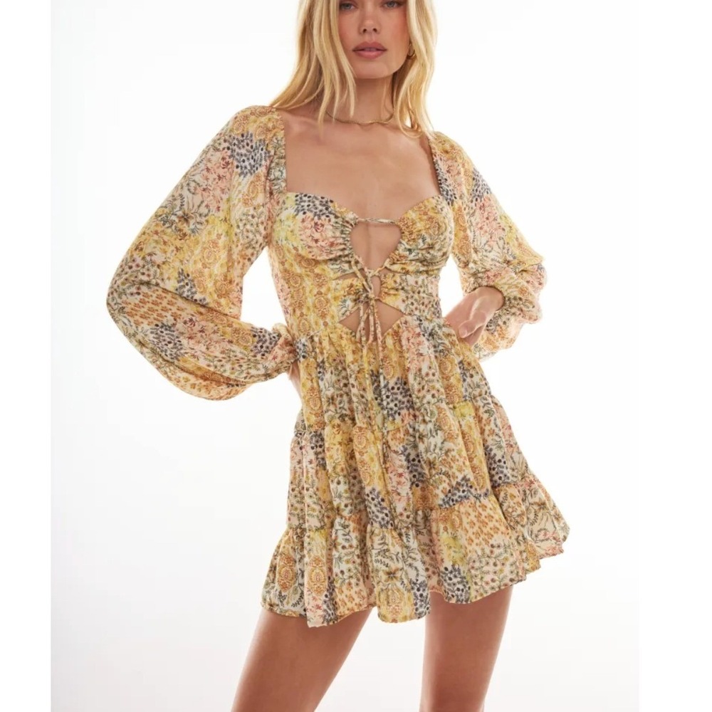 Resa Lyla Mini Dress Size Small Houston Yellow Floral Boho Cottagecore Cutout